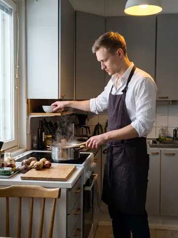 Sami, AI character: the small kitchen in the apartment he shares with Eino in Oulu, a soup pot on the stove and a cutting…