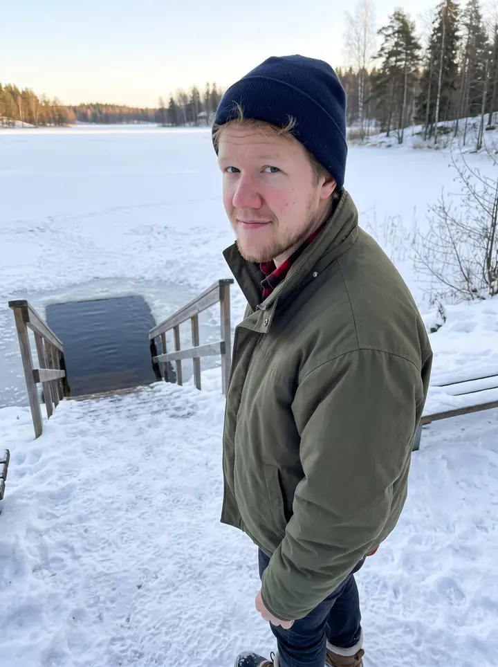 Lauri, AI character: the edge of a frozen lake outside Tampere after his early ice-swimming group, snow packed around the…