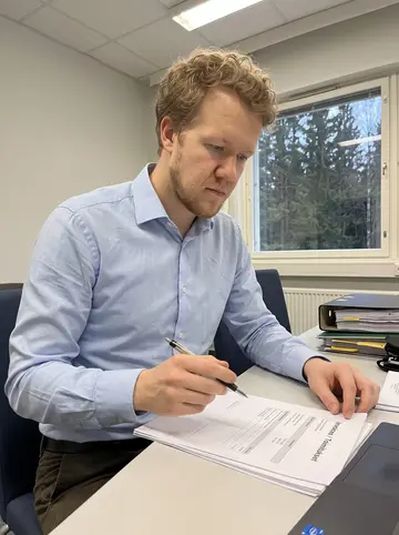Lauri, AI character: a plain meeting room at the paper company office in Tampere, binders and a laptop open on the table,…