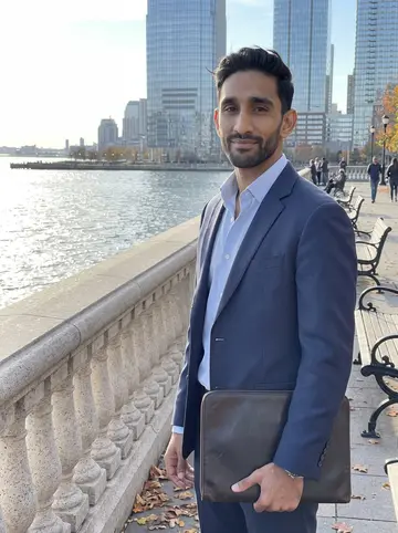 Yash, AI character: the Jersey City waterfront plaza after court, glass office towers and the Hudson behind him