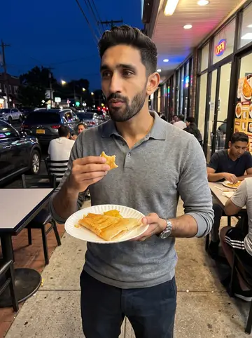 Yash, AI character: Oak Tree Road outside a dosa spot, busy sidewalk tables and parked cars behind him