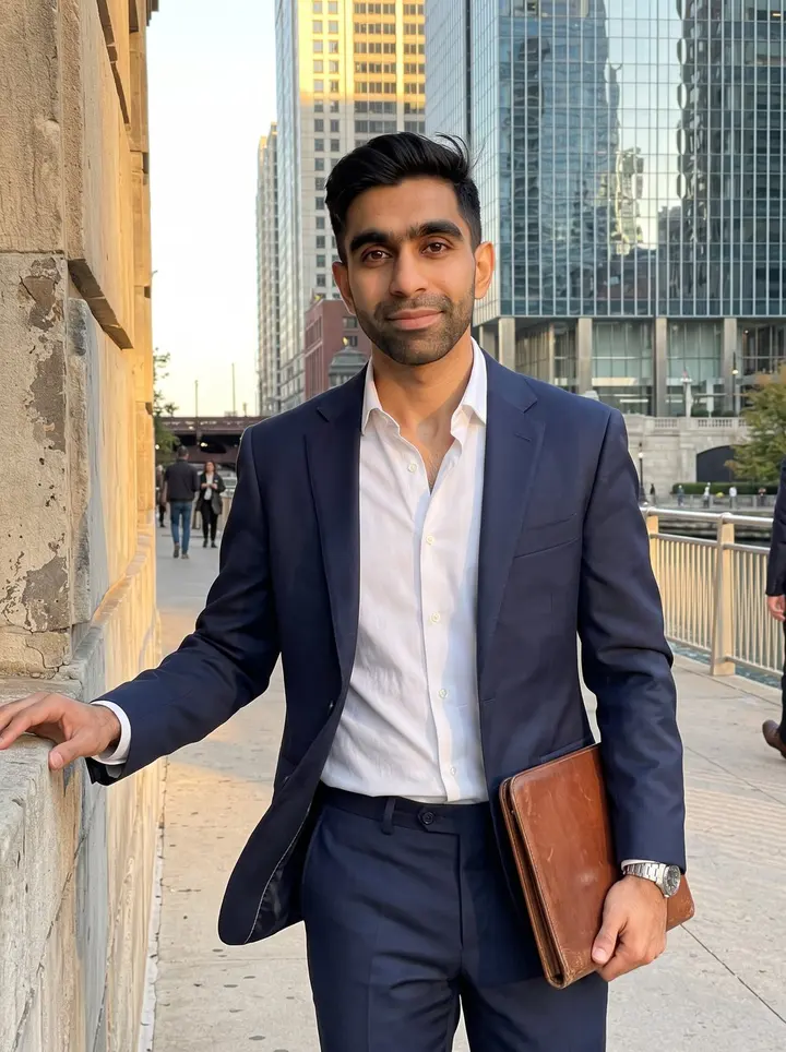 Fadi, AI character: outside a glass office tower near the Chicago River at golden hour, after work