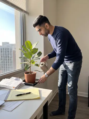 Fadi, AI character: his Chicago high-rise apartment on a clear winter morning, ficus by the window, legal pads and mail on the…