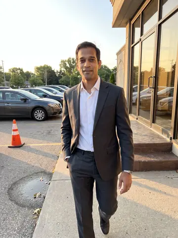 Umar, AI character: outside a Dearborn banquet hall before his cousin's wedding, glass doors and parked cars behind him