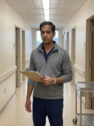 Umar, AI character: a hospital staff hallway outside the neurosurgery floor, beige walls and a rolling supply cart nearby