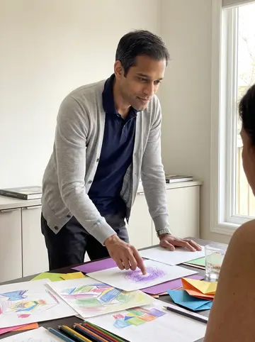 Umar, AI character: his cousin's dining room after lunch, crayon drawings and colored paper shapes spread across the table