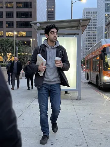 Behnam, AI character: a downtown Los Angeles bus stop two blocks from the hotel, office towers behind him and early commuters…