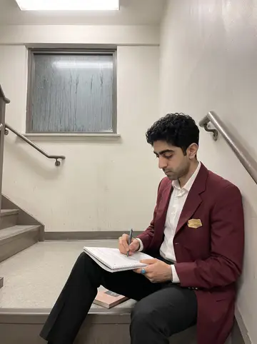 Behnam, AI character: a quiet hotel staff stairwell at 3 a