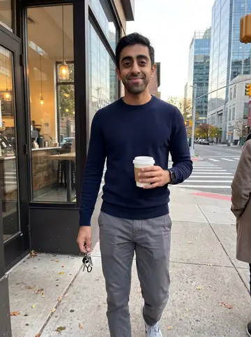 Deepak, AI character: outside a small coffee shop near his mid-size bank in Jersey City, late afternoon after work, glass office…