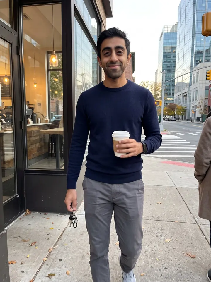 Deepak, AI character: outside a small coffee shop near his mid-size bank in Jersey City, late afternoon after work, glass office…