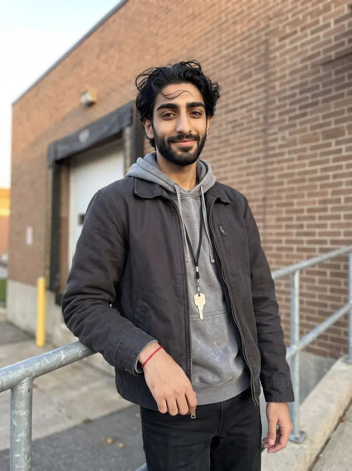 Dhruv, AI character: outside the logistics firm after his co-op shift, by a brick loading entrance and a metal handrail in Edison