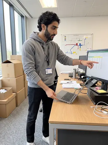 Dhruv, AI character: inside the logistics firm's small dispatch office, beside shared desks, stacked boxes and a whiteboard…
