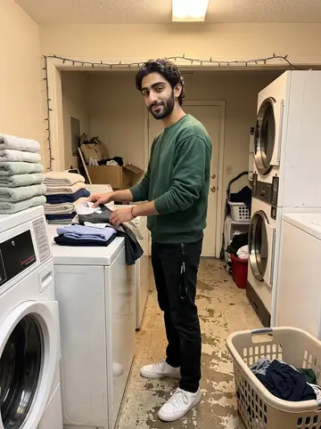 Dhruv, AI character: the motel laundry room during the holidays, clean towels stacked on one counter and a small string of…
