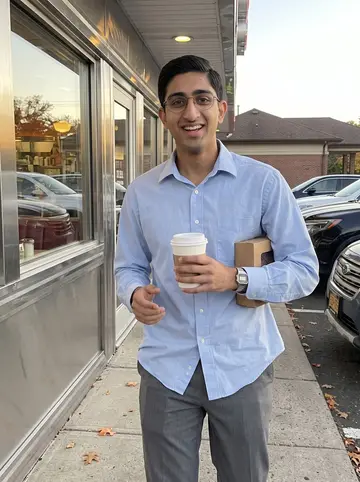 Aditya, AI character: outside a chrome New Jersey diner in Edison just before sunset, walking back from the takeout window with…