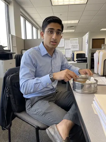 Aditya, AI character: small break table at his Edison insurance office, laptop bag on a chair and his dented stainless-steel…