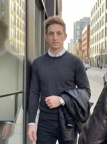 Patryk, AI character: outside the glass door of his payments startup office in the West Loop after a board meeting, Chicago…