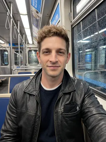 Patryk, AI character: inside a Blue Line train car on a rainy evening, wet Chicago platform lights streaking through the window