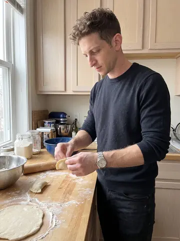 Patryk, AI character: his Avondale apartment kitchen on a Sunday morning, flour on a wooden counter, pierogi dough rolled…