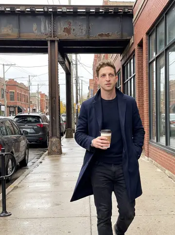 Patryk, AI character: a sidewalk under the elevated tracks in Avondale, walking between calls with wet pavement and brick…
