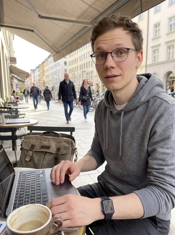Timur, AI character: a small sidewalk café in Munich near the Isar, his laptop open on the table and his worn canvas laptop bag…