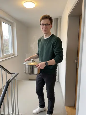 Timur, AI character: the third-floor landing of his Munich apartment building, apartment doors and a narrow stairwell behind him