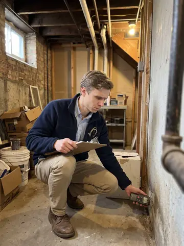 Tomáš, AI character: the unfinished basement of a brick two-flat in Pilsen during a water-damage inspection