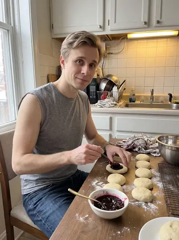 Tomáš, AI character: his grandmother Marta's small Pilsen kitchen on a Sunday morning, trays of kolache dough on the table