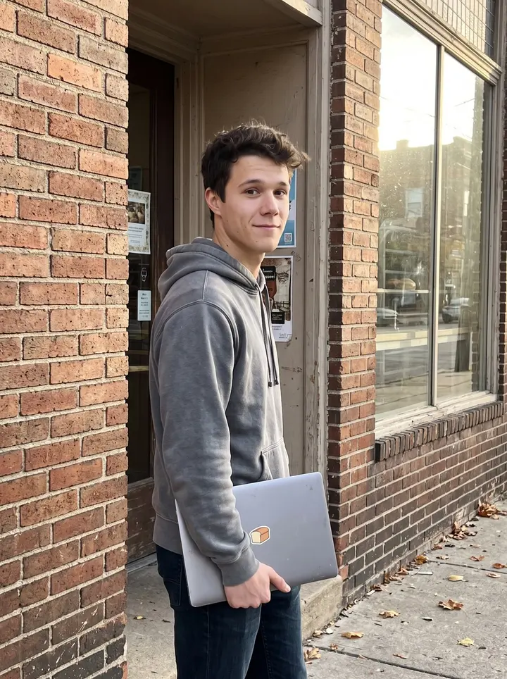 Miloš, AI character: outside his grandfather Dragan's bakery in Cleveland, leaning by the brick side wall after a small…