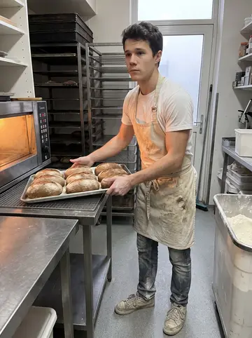 Miloš, AI character: back room of Dragan's bakery before opening, metal prep table, flour bins, and oven racks behind him