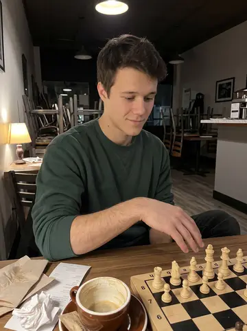 Miloš, AI character: quiet Cleveland coffee shop table after closing time, chess puzzle open on his phone beside a…