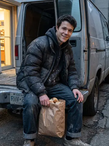 Miloš, AI character: behind the bakery next to an old delivery van after a short bread drop-off route through Cleveland…