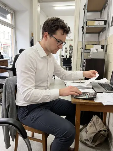 Łukasz, AI character: the back room of his cousin's barbershop in Neukölln, beside a small table with receipt folders and a laptop