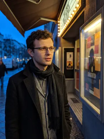Łukasz, AI character: outside a tiny film noir cinema in Kreuzberg after a double bill, posters behind glass near the entrance