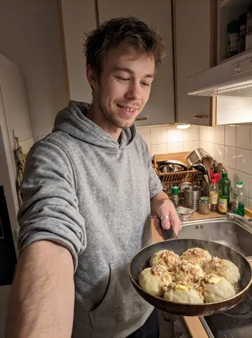 Štěpán, AI character: his tiny Vienna kitchenette at 1 a