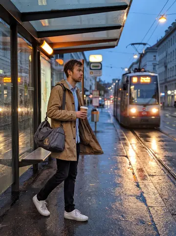 Štěpán, AI character: a wet tram stop in Vienna after work, gym bag at his shoulder and office buildings behind him
