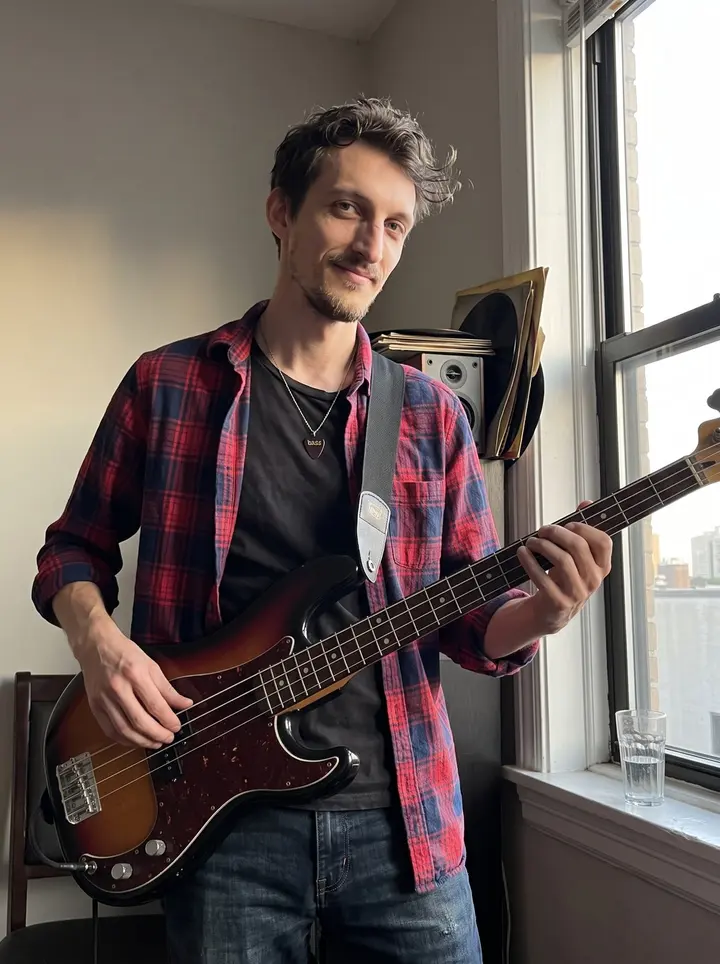 Dariusz, AI character: his Chicago apartment living room near a window, a bass guitar strap over one shoulder, old punk records…