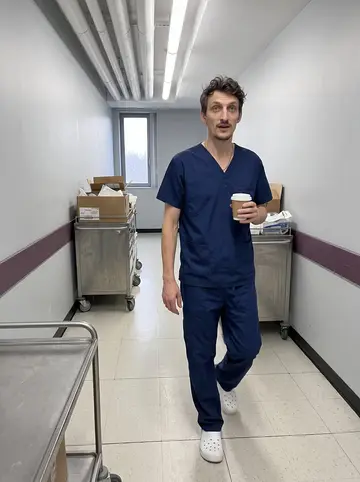Dariusz, AI character: hospital service hallway near the scrub sink during a short break, plain walls and supply carts in the…