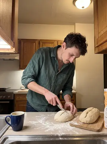 Dariusz, AI character: his small apartment kitchen at night, flour on the counter, a dense loaf on a cutting board, Cubs mug near…