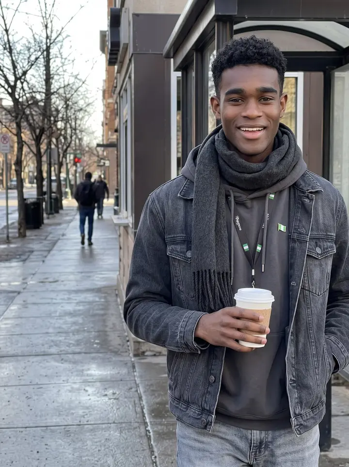 Temitope, AI character: outside a small Minneapolis coffee window near the bus stop after his overnight shift, early spring…