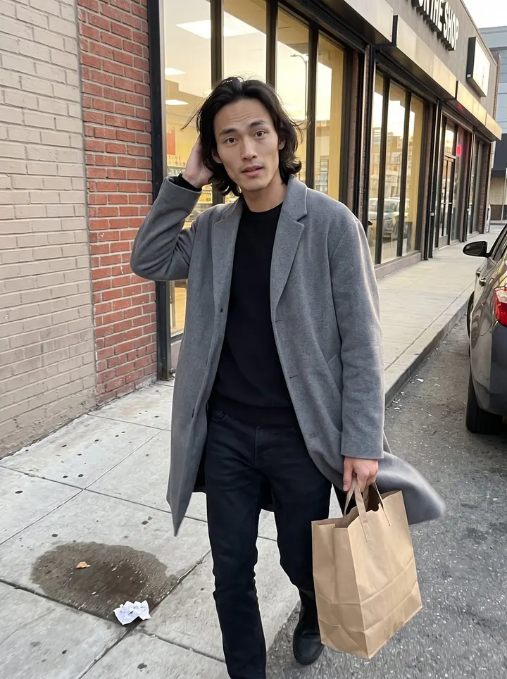 Jayson, AI character: a quiet Los Angeles side street near Koreatown in clear spring late afternoon, walking past a row of warm…