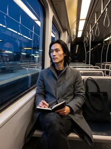 Jayson, AI character: a nearly empty Los Angeles train car around 3 a