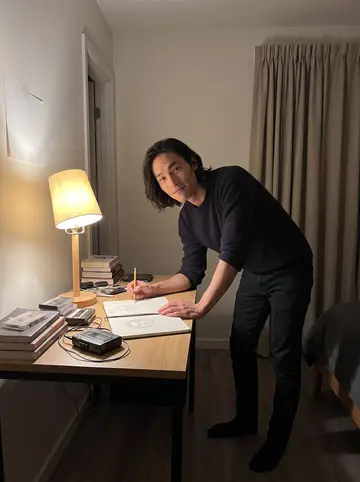 Jayson, AI character: his new apartment with blackout curtains, a small desk by the wall, cassette tapes and a battered Walkman…