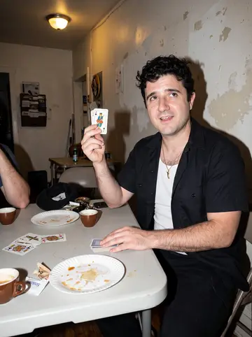 Teodoro, AI character: the pizzeria back room after closing during a scopa game, folding table crowded with cards, espresso cups…