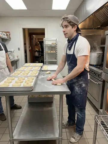 Levi, AI character: the back kitchen of a 24-hour bagel shop in Portland at 3am, stainless steel prep table with rows of…