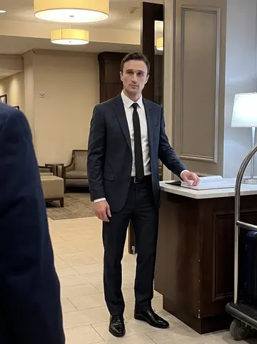 Glenn, AI character: quiet Pittsburgh hotel lobby near the front desk at 3 a