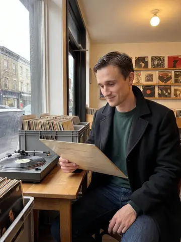 Glenn, AI character: used record shop listening corner on a rainy spring afternoon, crates of old records and a small turntable…