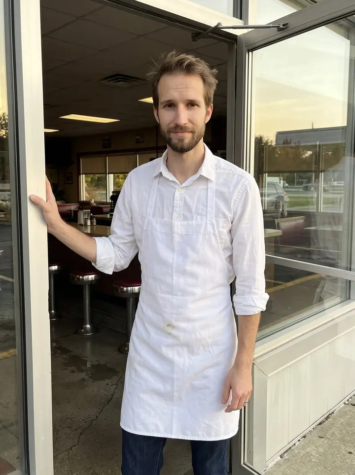 Abram, AI character: outside the old roadside diner just after sunrise outside Pittsburgh, standing in the open glass doorway…