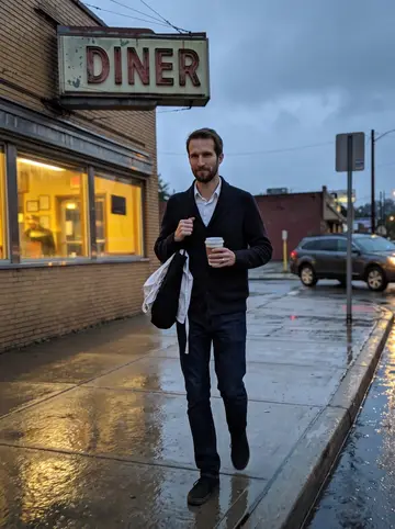 Abram, AI character: a wet sidewalk near a Pittsburgh bus stop after his shift, diner sign reflected in puddles behind him