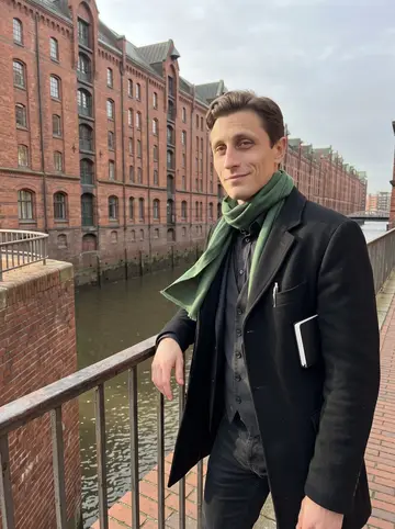 Maciej, AI character: a brick bridge in Hamburg's Speicherstadt, canal water and old warehouse windows behind him