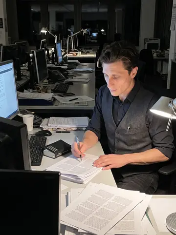 Maciej, AI character: the quiet night desk of a Hamburg newspaper between rows of monitors and stacked proofs